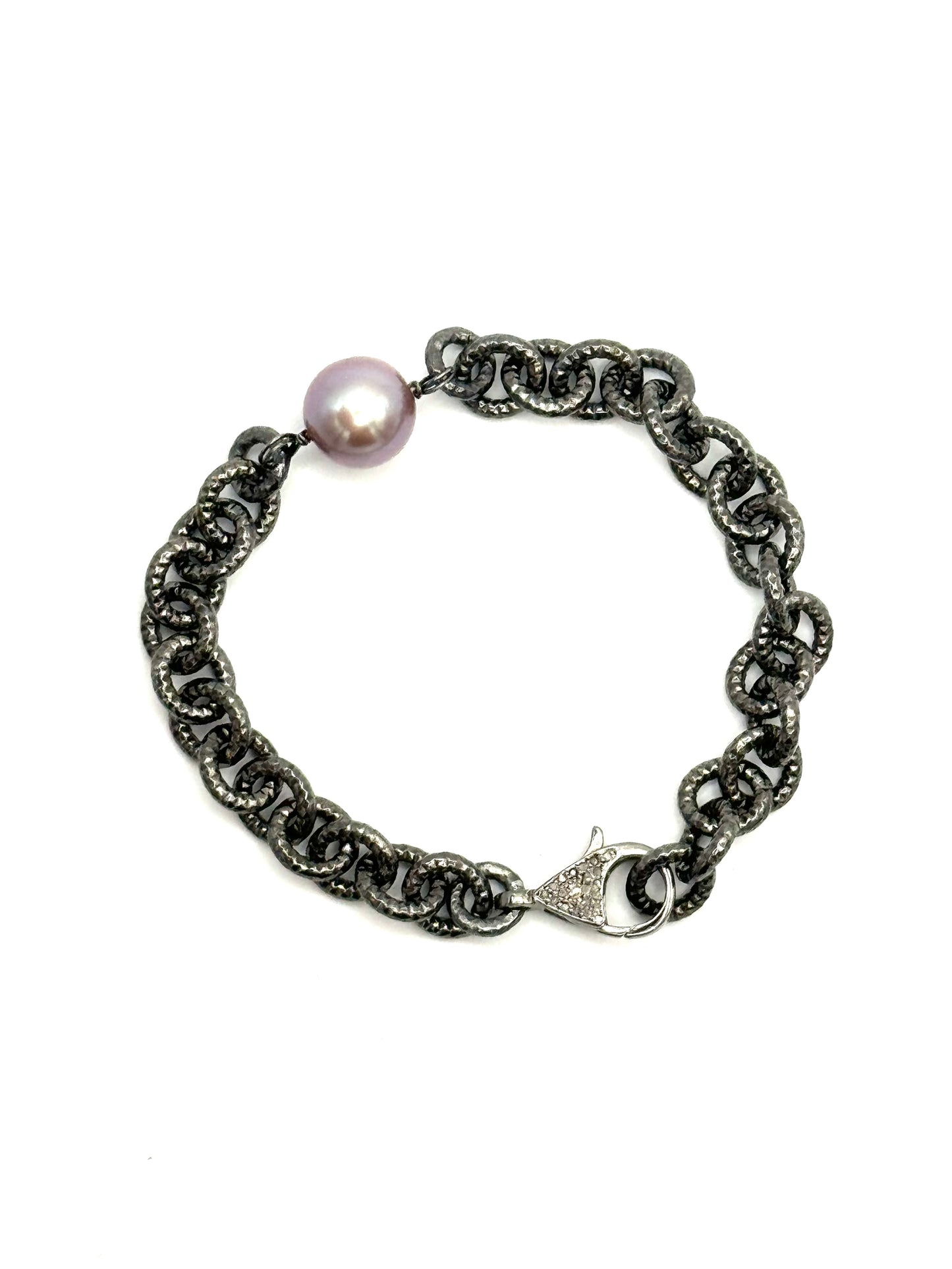 Pink Edison Pearl Diamond Clasp Hammered Cable Link Bracelet