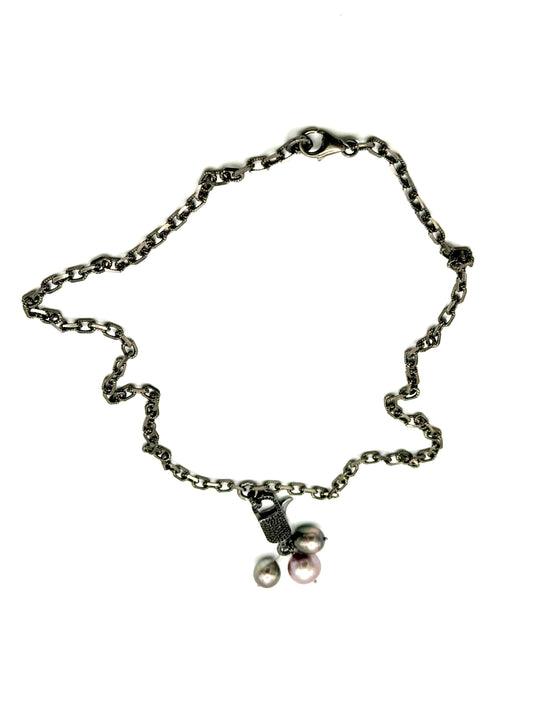 Rosey Grey Tahitian Pearls and Pink Edison Pearls on Black Spinel Clasp Necklace