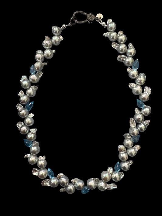 Blue Cascade – Baroque Akoya Pearl & Topaz Necklace