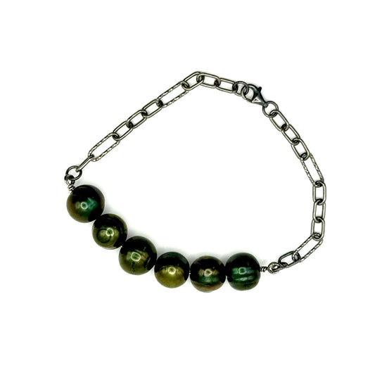 Dark Green Peacock Freshwater Pearl Black Rhodium Bracelet