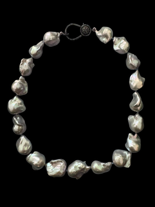 Silver Tempest – Baroque Pearl & Sapphire Clasp Necklace