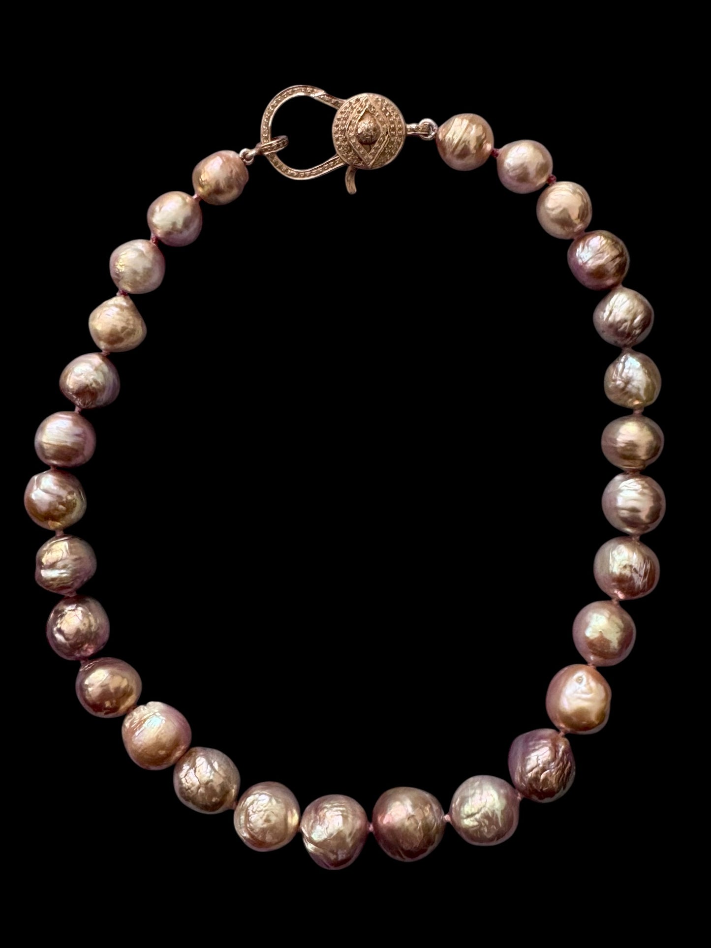 Blush Talisman – Metallic Pink Wrinkle Edison Pearl Necklace with Rose Gold Pavé Diamond Evil Eye Clasp