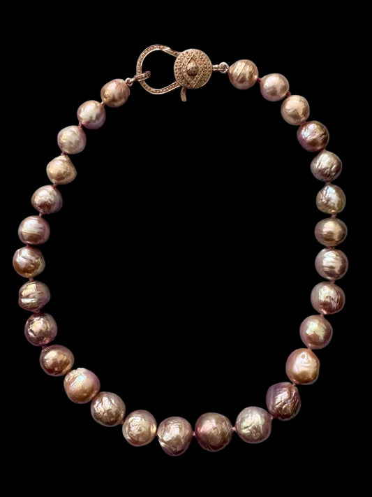 Blush Talisman – Metallic Pink Wrinkle Edison Pearl Necklace with Rose Gold Pavé Diamond Evil Eye Clasp