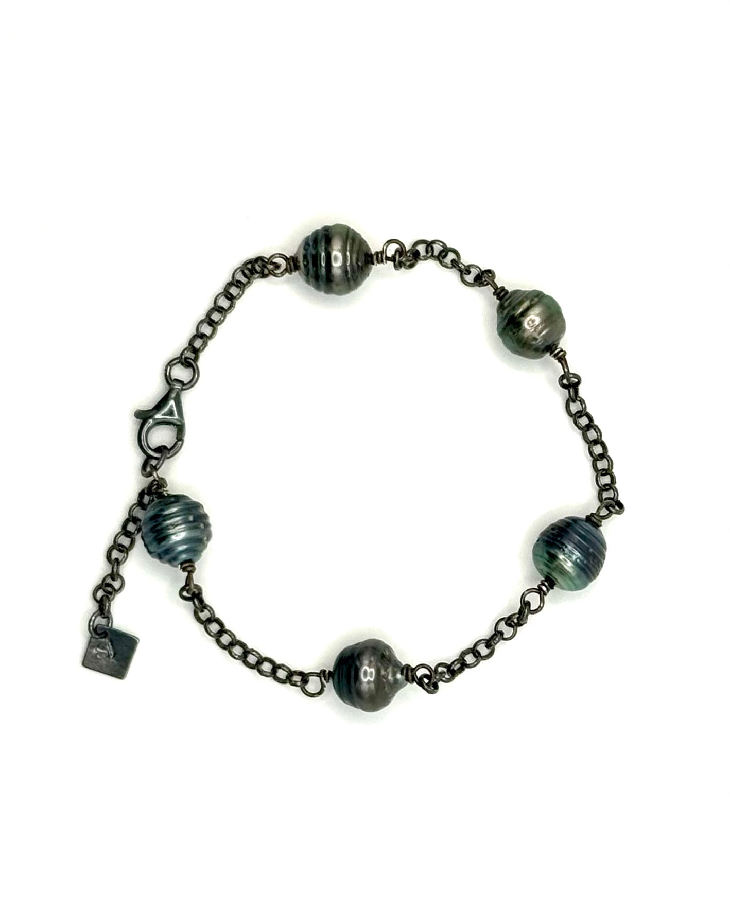 Circle Tahitian Pearl Oxidized Silver Bracelet