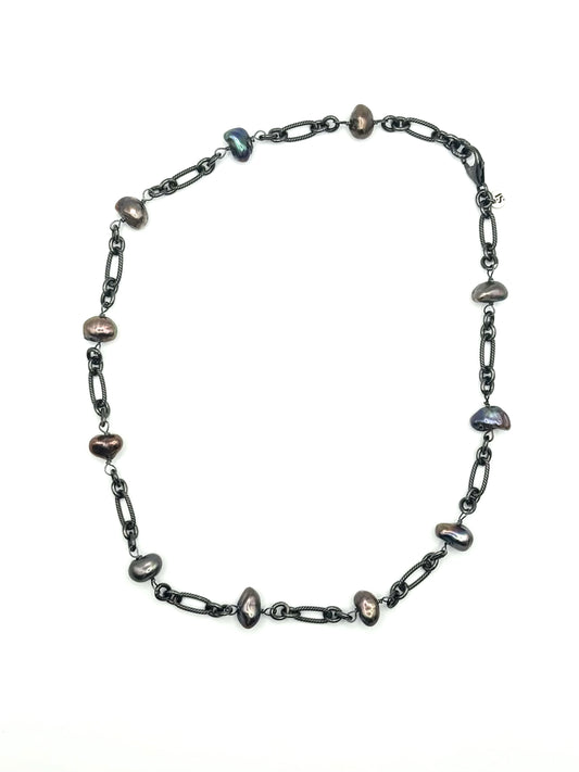 Nocturnal Essence Necklace: Black Rhodium Silver with Keshi Style Freshwater Pearls