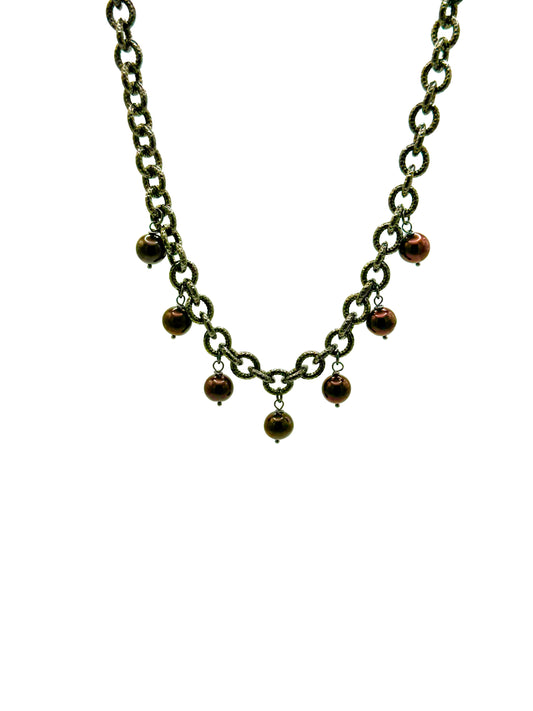 Brown Freshwater Pearls on Oxidized Textured Cable Link Necklace