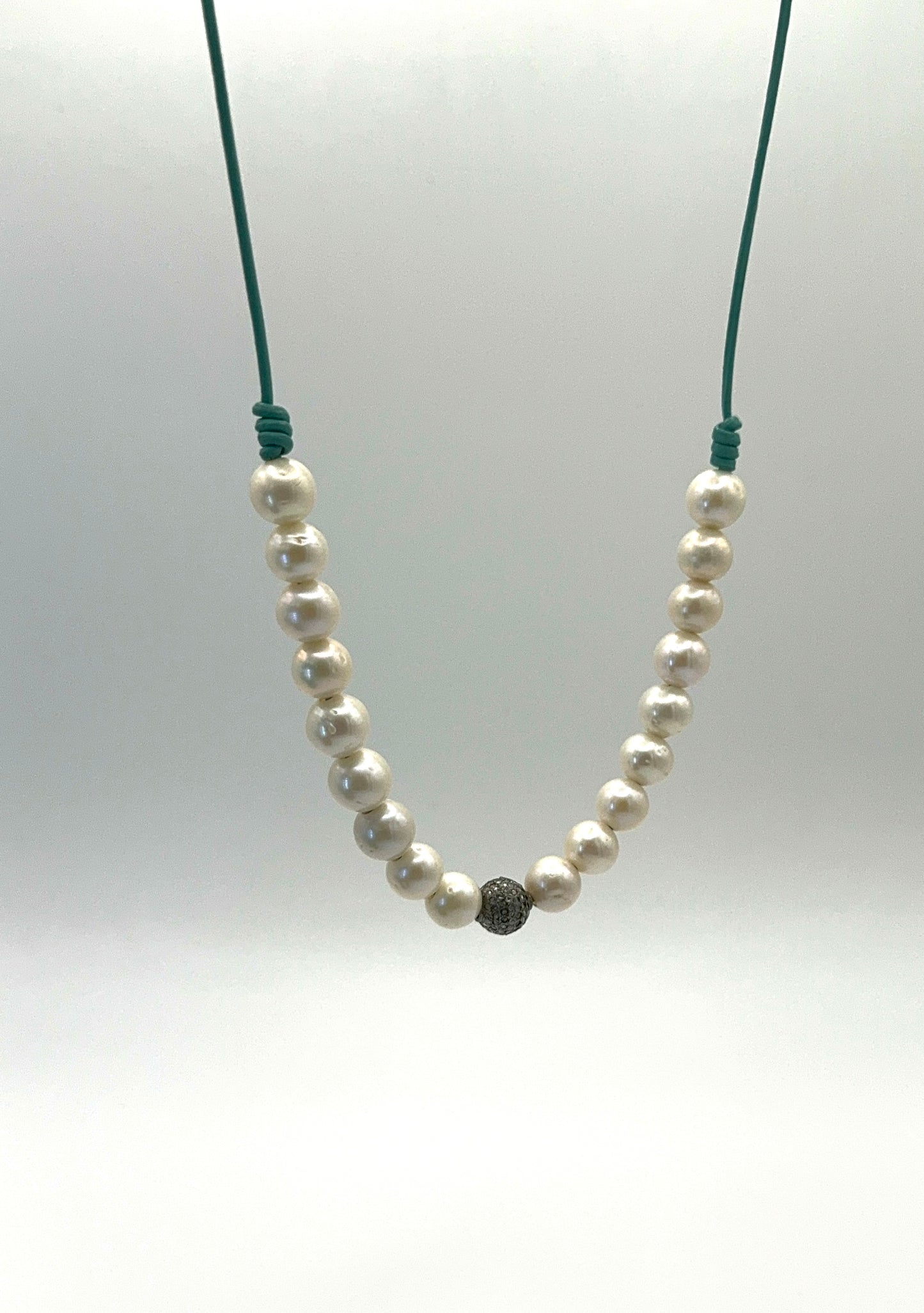 10mm White Freshwater Pearls and Diamond Bead Leather Necklace