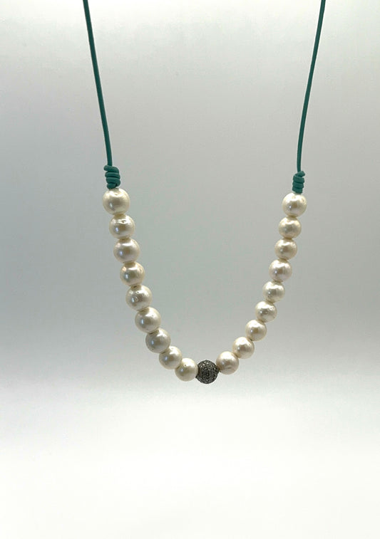 10mm White Freshwater Pearls and Diamond Bead Leather Necklace