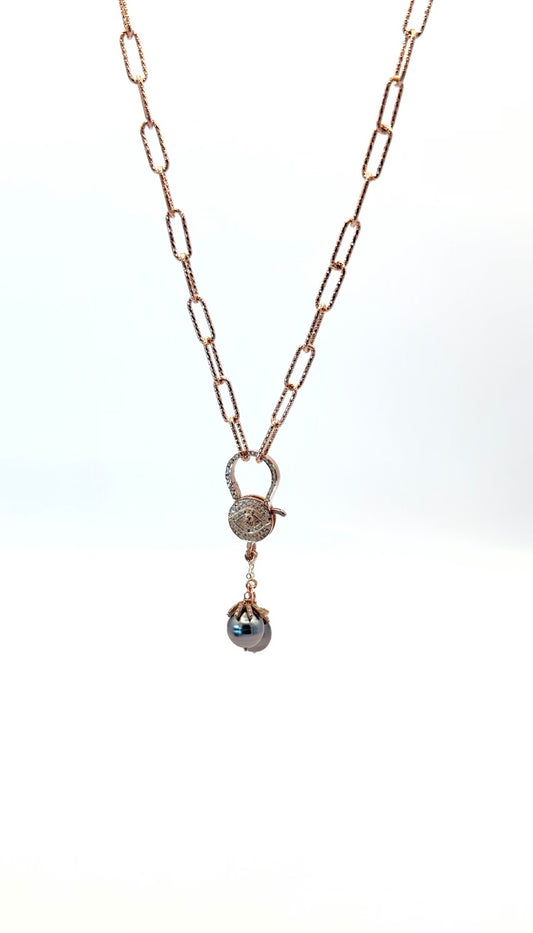 Eye of Glamour: Rose Gold Necklace with Diamond-Capped Tahitian Pearls and Diamond Evil Eye Clasp