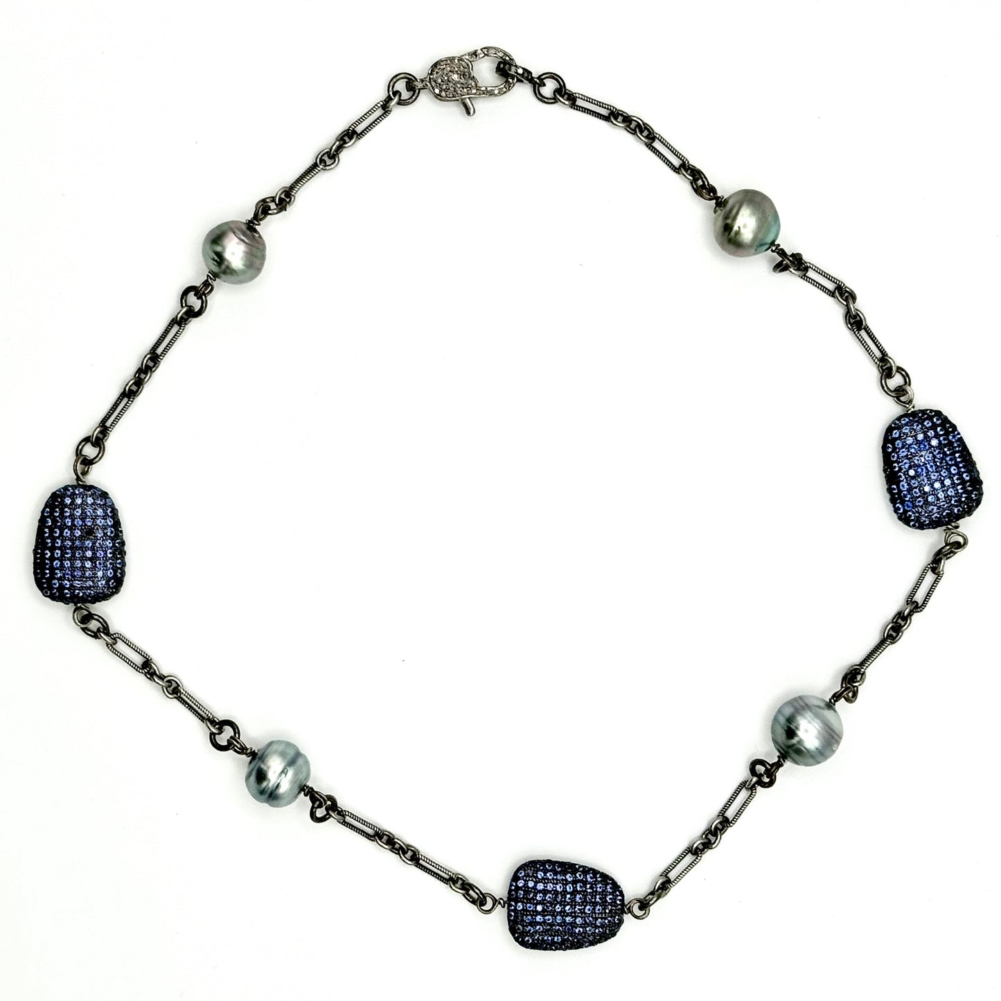 Sapphire Serenity: Grey Tahitian Pearls and Blue Sapphire Bead Station Necklace