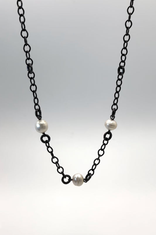 11mm White Baroque Pearls on Oxidized Silver Necklace