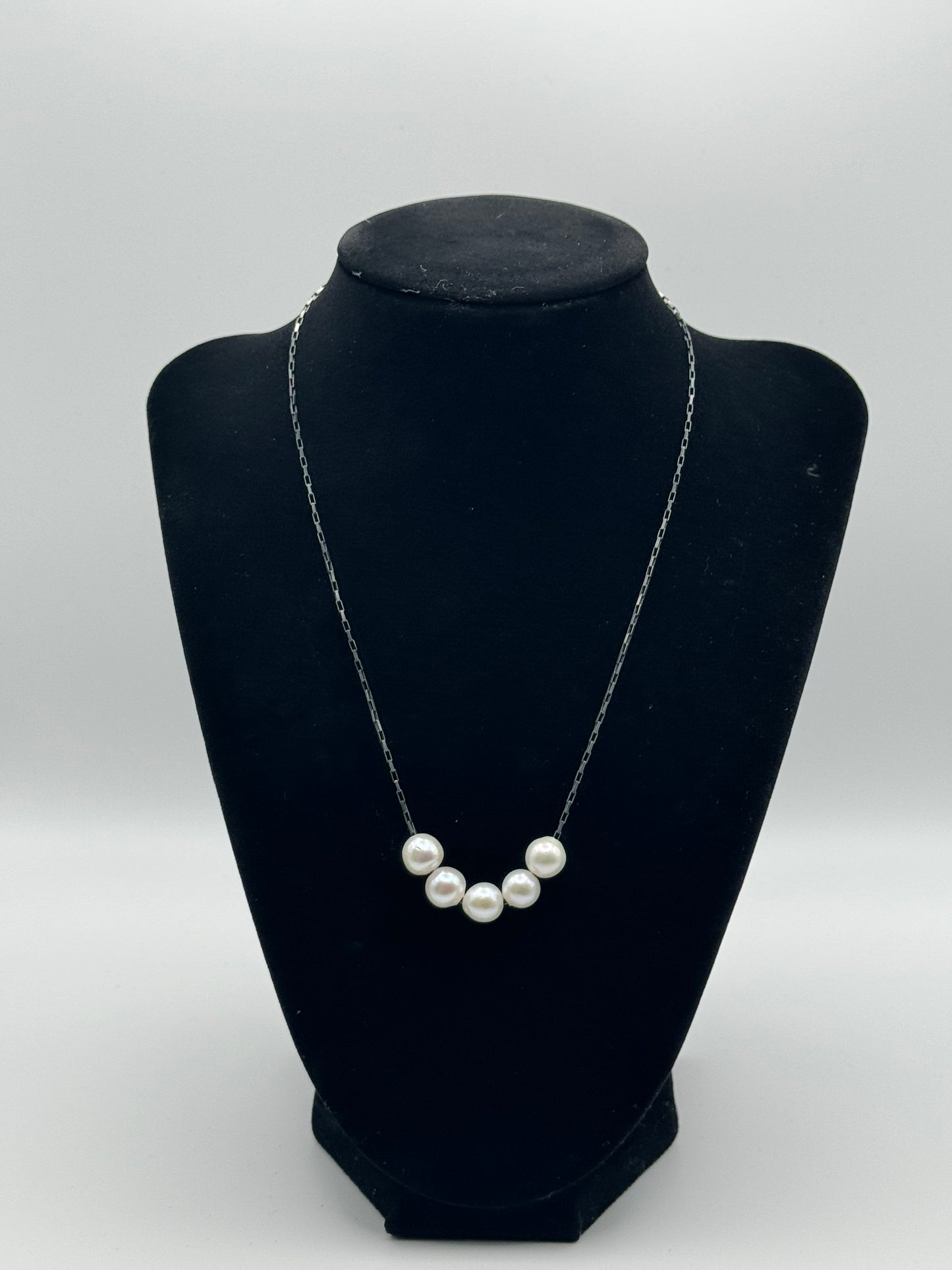 White Freshwater Pearls on Oxidized Sterling Silver Small Box Chain