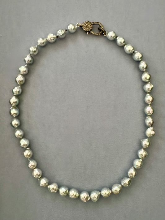 9-9.5mm Blue Akoya Pearls Oxidized Silver Pave Diamond Clasp Necklace