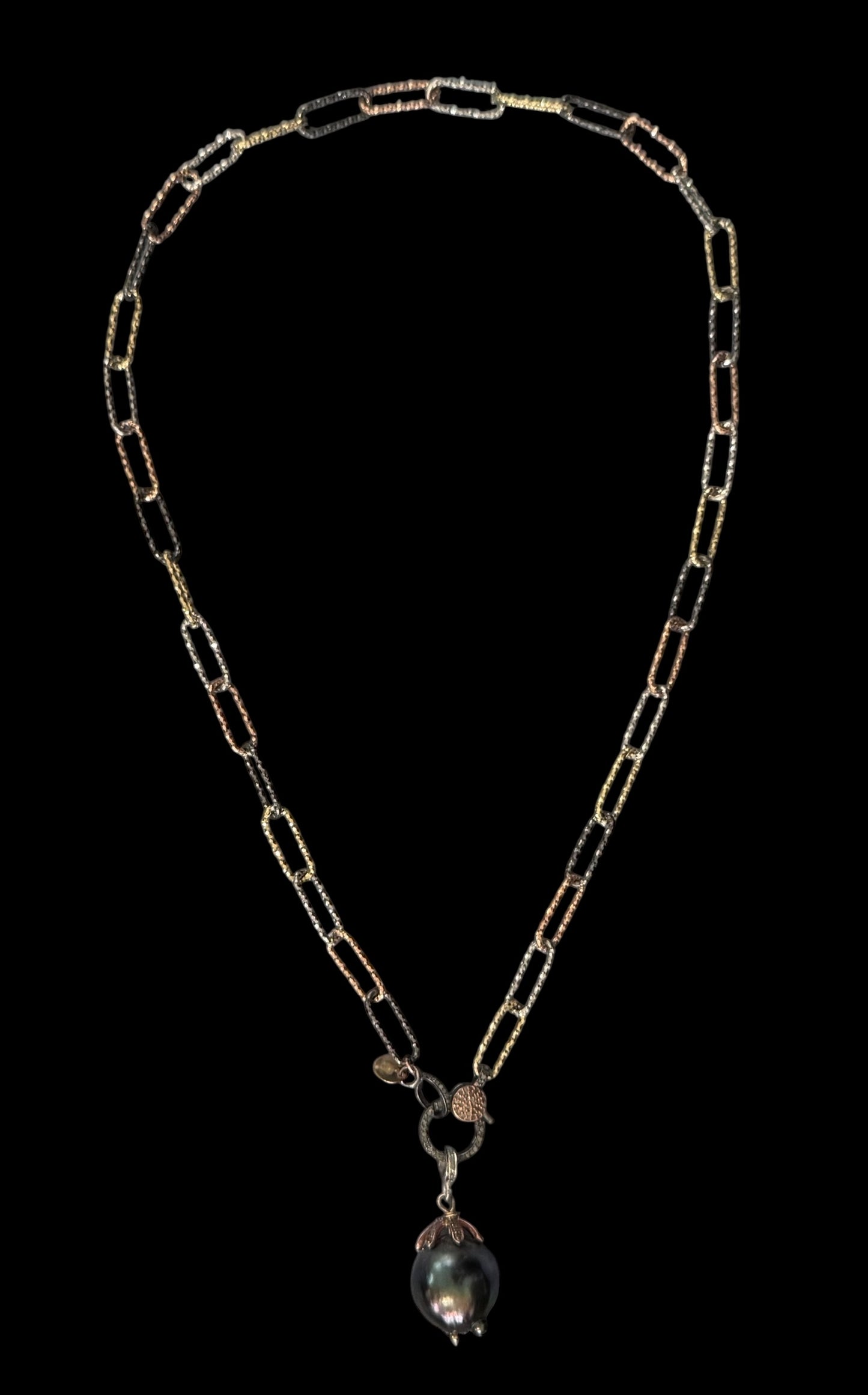 Eclipse Charm Necklace - 16mm Tahitian Pearl on Multi-Tone Paperclip Chain Pendant Necklace