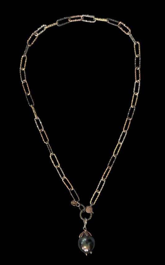 Eclipse Charm Necklace - 16mm Tahitian Pearl on Multi-Tone Paperclip Chain Pendant Necklace