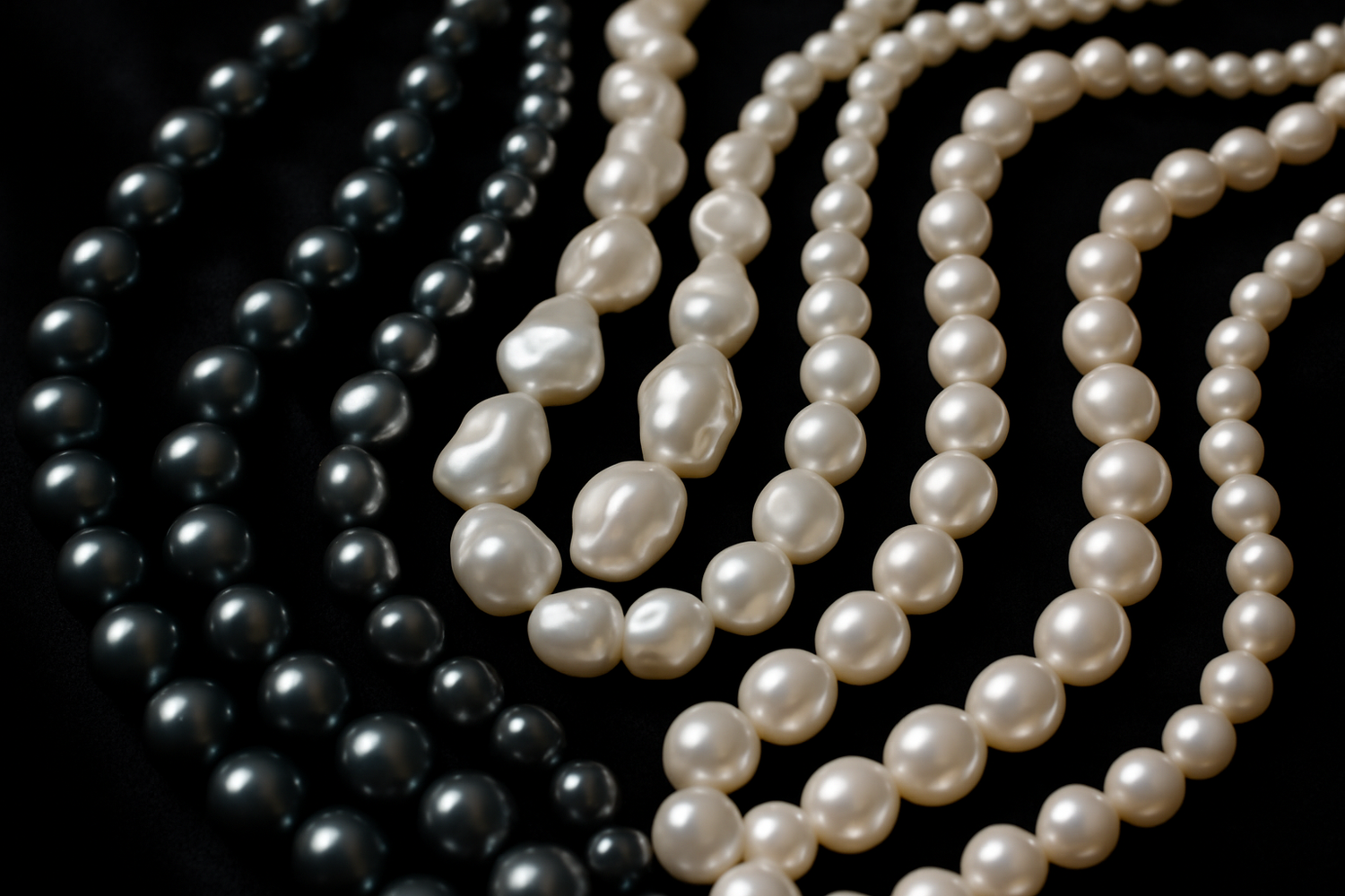 multiple pearl strands of different varieties including Tahitian, baroque and freshwater on black background