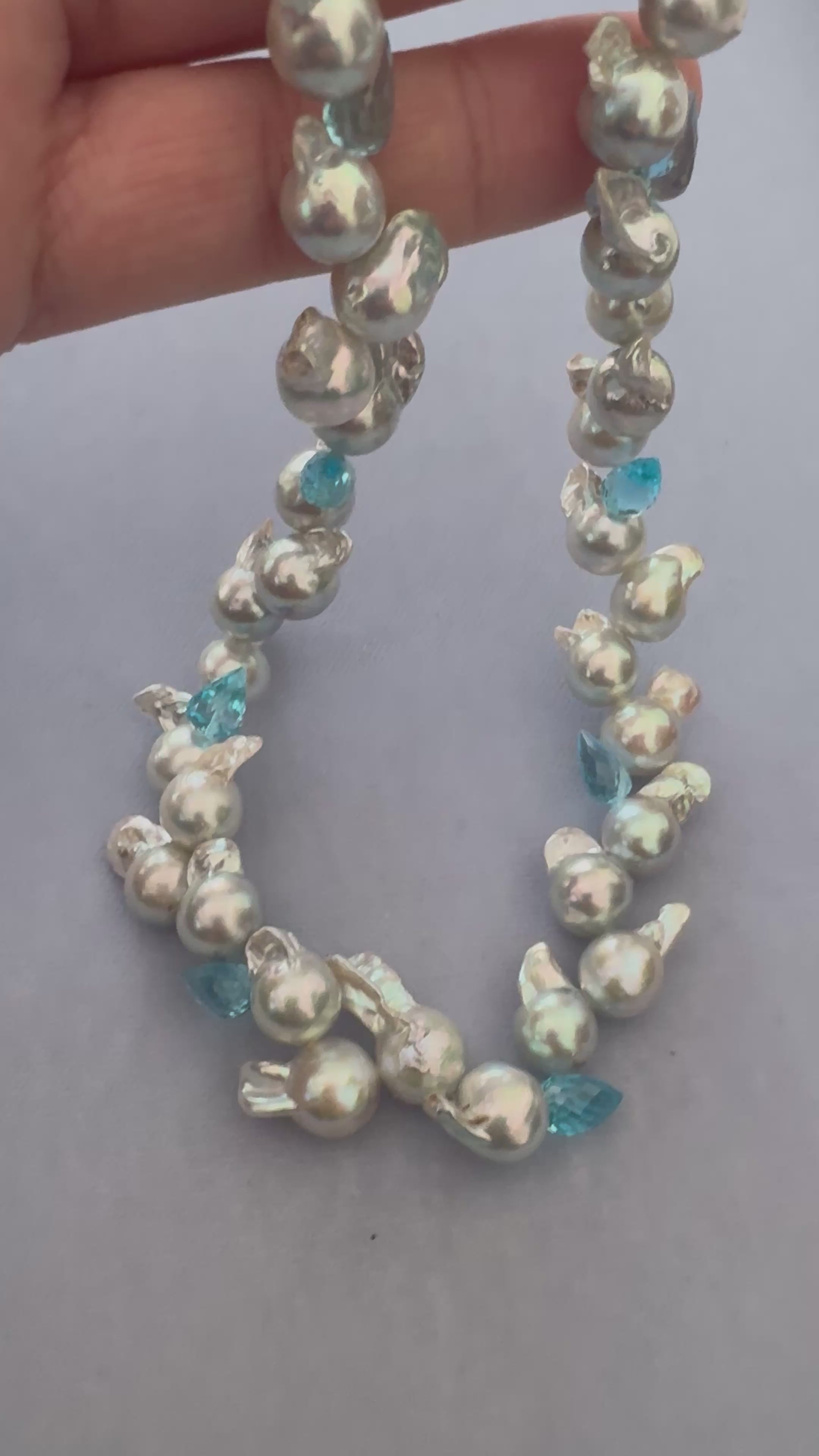 Blue Cascade – Baroque Akoya Pearl & Topaz Necklace – Studio