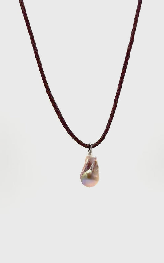 Pink Baroque Freshwater Pearl Brown Cowhide Leather Necklace