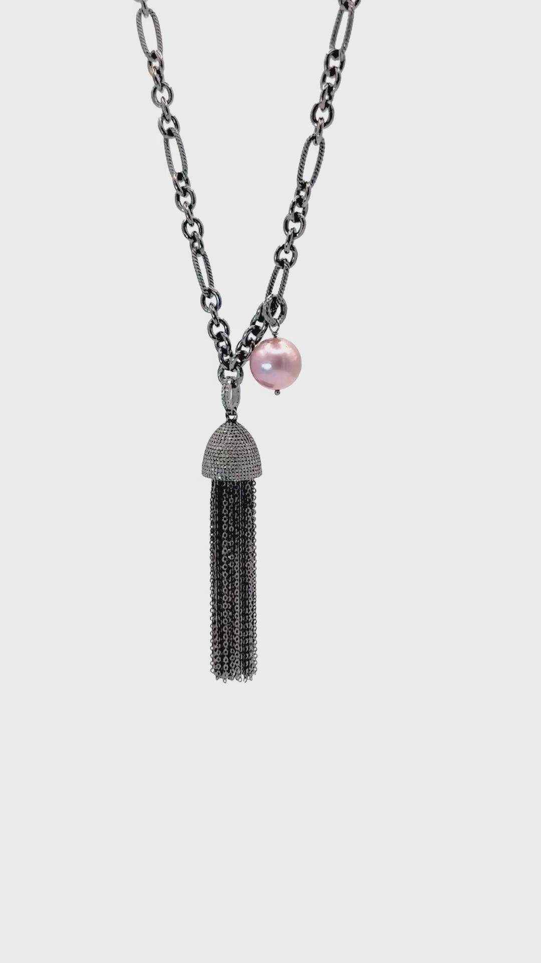 Diamond Tassel and Pink Edison Pearl Oxidized Silver Long